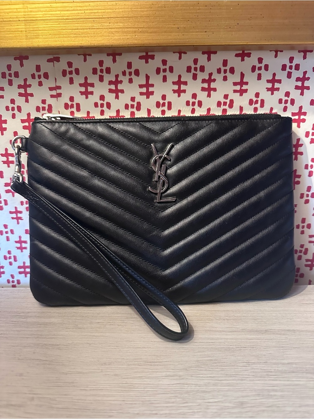 Saint Laurent Cassandre Leather Wristlet Pouch, Black + Silver YSL Logo